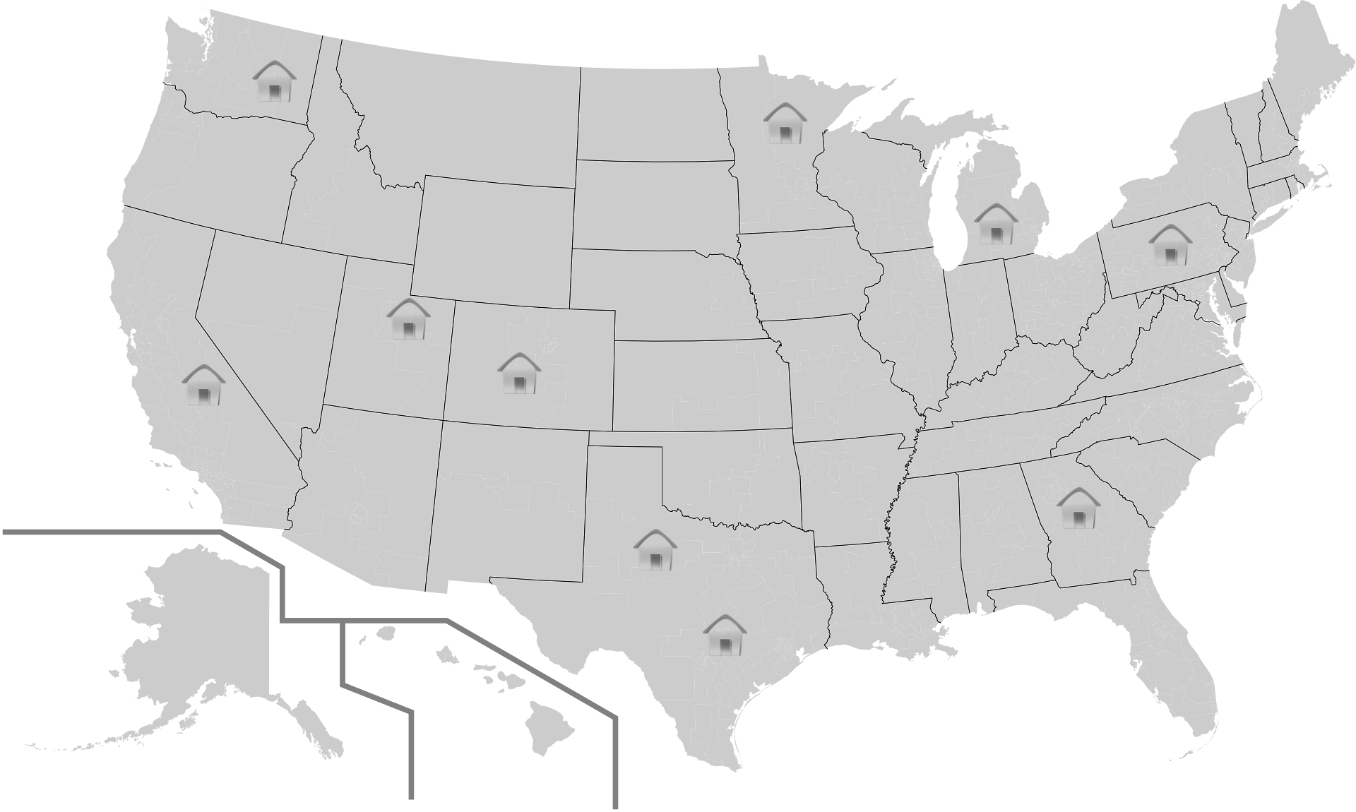 Map of the United States of America, with small building in assorted areas